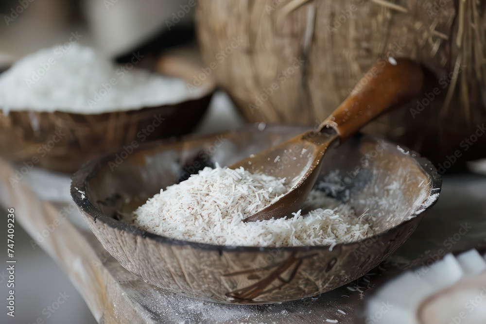 coconut shell and white salt in a bowl coconut shell and white salt in a bowl