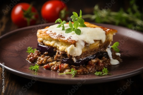Refined moussaka on a ceramic tile against a rustic wood background