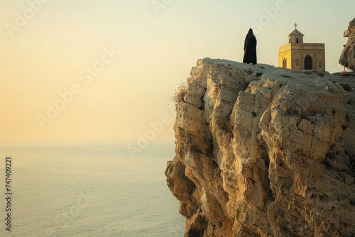 russian orthodox monk standing in mountains from his back in mountains