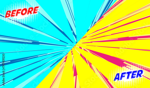 Before and After sections with a central sunburst effect Comic book background