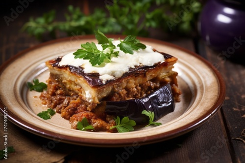 Refined moussaka on a ceramic tile against a rustic wood background