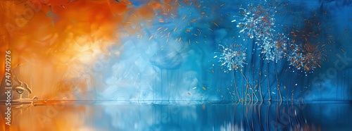 colorful fireworks over blue and orange background, in the style of soft atmospheric scenes, sparkling water reflections