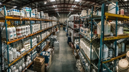 A panoramic view of a bustling warehouse filled with rows of shelves stocked with various forms of waste treatment chemicals highlighting the intricacies of inventory management