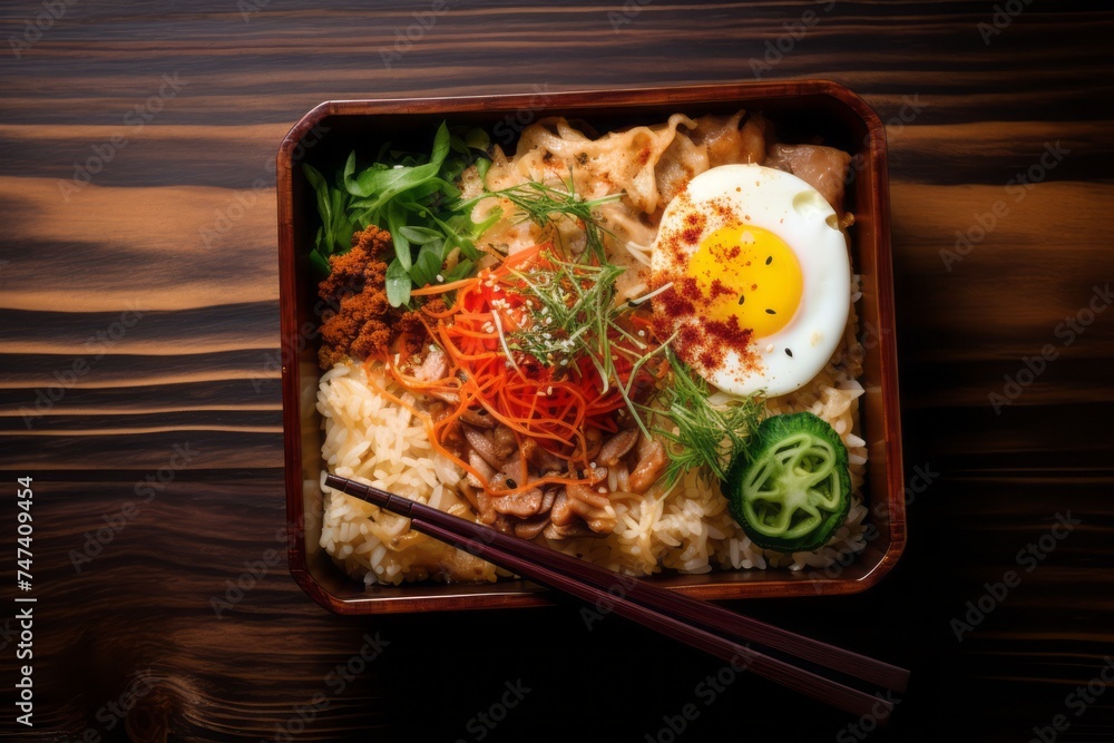 Exquisite ramen in a bento box against a rustic wood background Exquisite ramen in a bento box against a rustic wood background