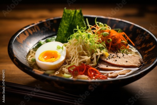 Exquisite ramen on a metal tray against a rustic wood background