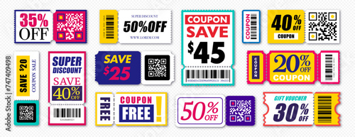 Collection of colorful discount coupons and vouchers featuring various savings and QR codes, ideal for promotions and sales photo