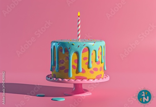 3D illustration of a birthday cake with candles. Symbol of holiday, birthday