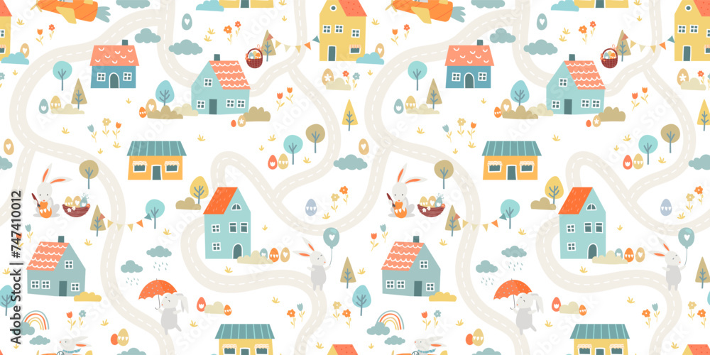 Lovely hand drawn easter seamless pattern with cute decorations, sweet hand drawn bunnies, eggs and flowers - vector design Lovely hand drawn easter seamless pattern with cute decorations, sweet hand drawn bunnies, eggs and flowers - vector design