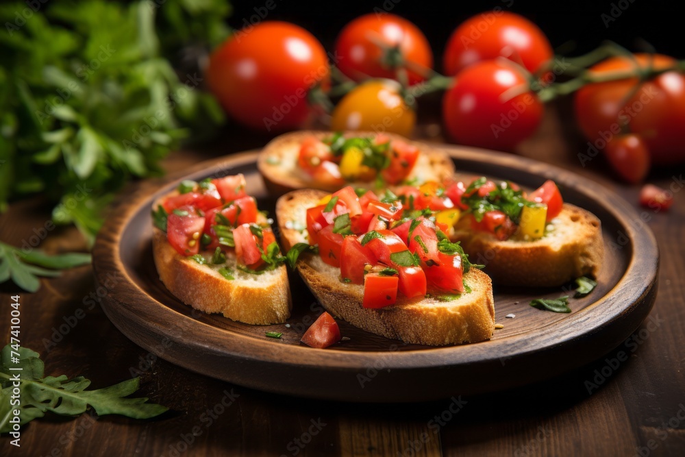 Delicious bruschetta in a clay dish against a rustic wood background Delicious bruschetta in a clay dish against a rustic wood background