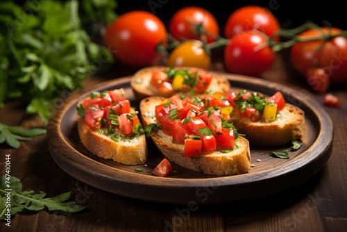 Delicious bruschetta in a clay dish against a rustic wood background