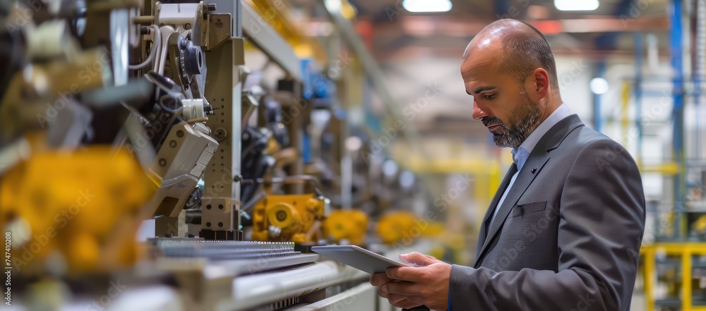 man in suits checking on tablet computer in a factory with mechanical machines