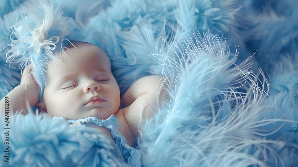 Image of adorable baby is lying on soft feather background and wearing cute matching outfit. photography, newborn. 