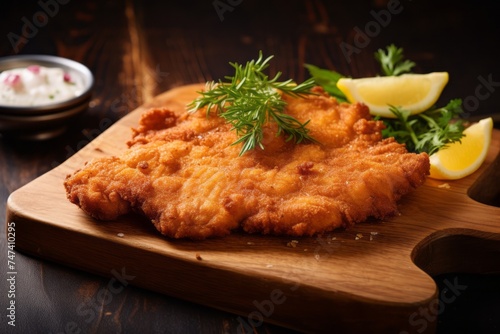 Delicious schnitzel on a marble slab against a rustic wood background