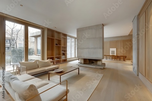 modern, light, minimalist living room with wooden features, village, light gray and beige © STOCKYE STUDIO