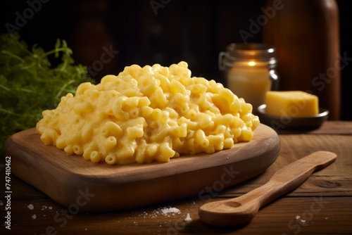 Juicy macaroni and cheese on a wooden board against a rustic wood background