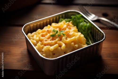 Tasty macaroni and cheese in a bento box against a rustic wood background