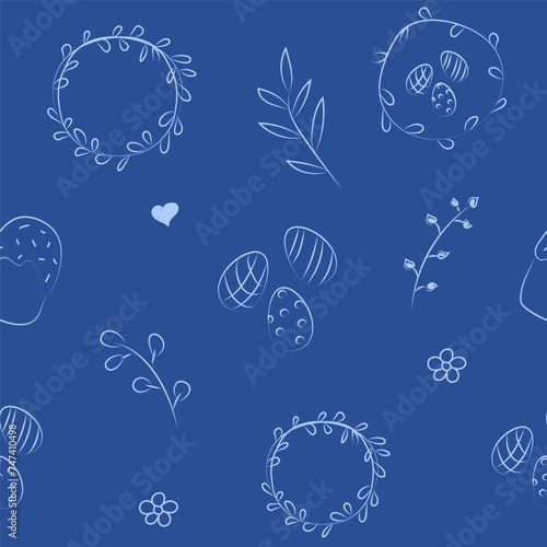Vector illustration. Cute hand drawn seamless pattern. Festive background with Easter linear symbols. Design of postcards, banners, wrapping, textiles, wallpapers and other promotional products.