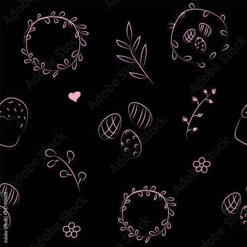 Vector illustration. Cute hand drawn seamless pattern. Festive background with Easter linear symbols. Design of postcards, banners, wrapping, textiles, wallpapers and other promotional products.