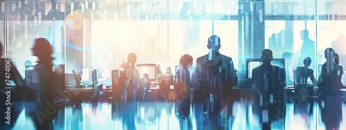 people working at a computer in large office with an animated background