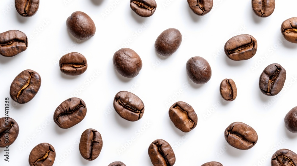 Dark brown coffee beans of various sizes and shapes scattered on a clean white background, suitable for the food and beverage industry. Perfect for coffee shops, cafes, and culinary designs. Dark brown coffee beans of various sizes and shapes scattered on a clean white background, suitable for the food and beverage industry. Perfect for coffee shops, cafes, and culinary designs.