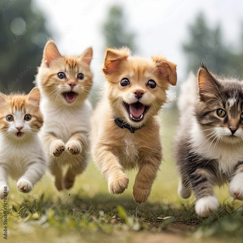 Obraz premium Funny and adorable group of dogs and cats jumping and running on a field with a blurred background.