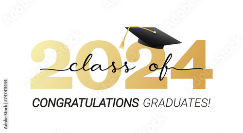 Class of 2024. Congratulations graduates with black and gold design isolated on white background for banner, greeting card, stamp, logo, print, invitation.Graduation event concept. Vector illustration
