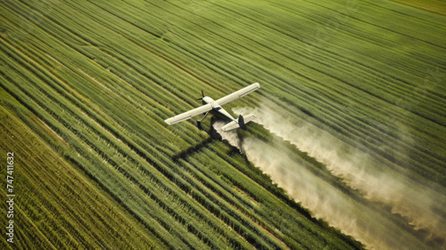 A closeup of a crop duster plane flying over a vast field releasing a fine mist of fertilizer onto the crops below.