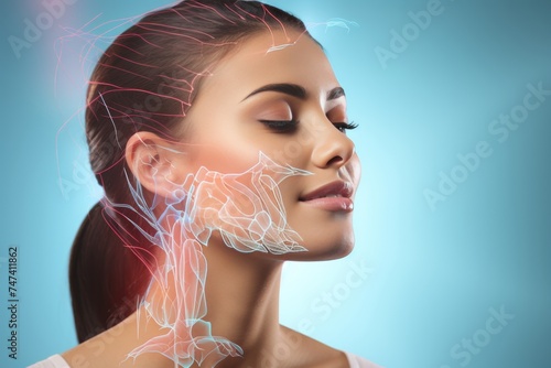 Close-Up Portrait of a Serene Young Woman with a Relaxed Expression, Emphasized Facial Nerves, and Defined Jaw Structure on a Vibrant Blue Background, Capturing a Moment of Tranquility and Beauty