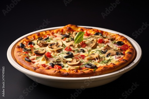 Delicious pizza in a clay dish against a white ceramic background