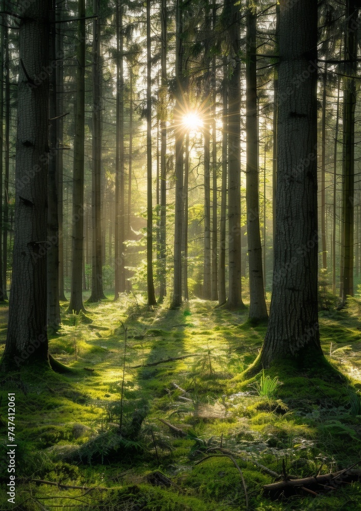 Obraz premium Sun rays shining through the trees in a beautiful forest.