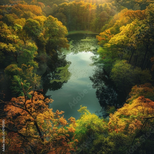 A view of the pond in the beautiful forest from above. © Simona