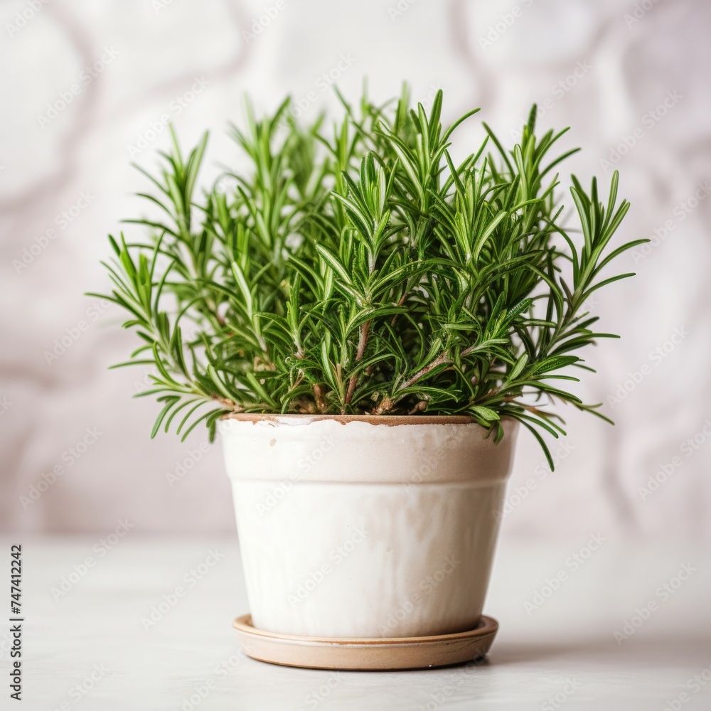 Fresh rosemary planted in a flowerpot on a light background. Fresh rosemary planted in a flowerpot on a light background.