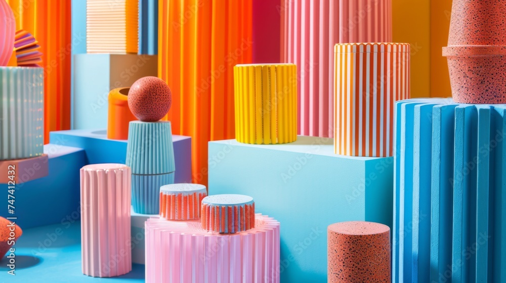 An eclectic arrangement of colorful geometric shapes with various patterns, creating a playful and abstract display, abstract colorful geometric shapes display. An eclectic arrangement of colorful geometric shapes with various patterns, creating a playful and abstract display, abstract colorful geometric shapes display.