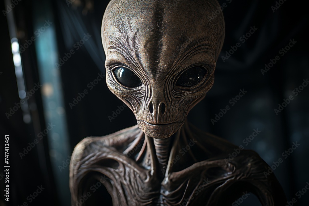 This image shows a close-up of an alien head. The alien has large, dark eyes, a wrinkled forehead, and grey skin. It is looking at the camera with a curious expression. This image shows a close-up of an alien head. The alien has large, dark eyes, a wrinkled forehead, and grey skin. It is looking at the camera with a curious expression.
