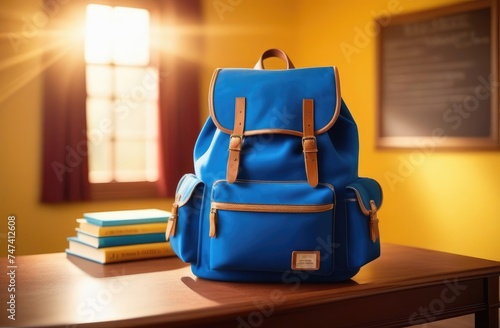 a school backpack is on the table, yellow background, the beginning of the school year photo