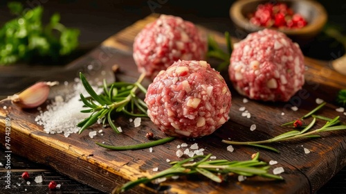 cooked minced beef and pork balls on a chopping Board for lunch or dinner  photo