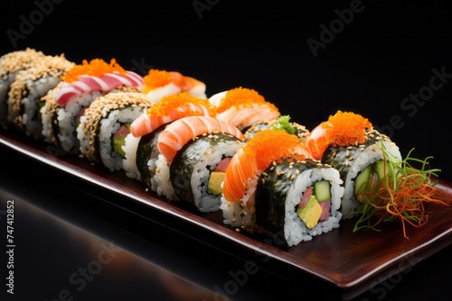 Hearty sushi on a metal tray against a white ceramic background