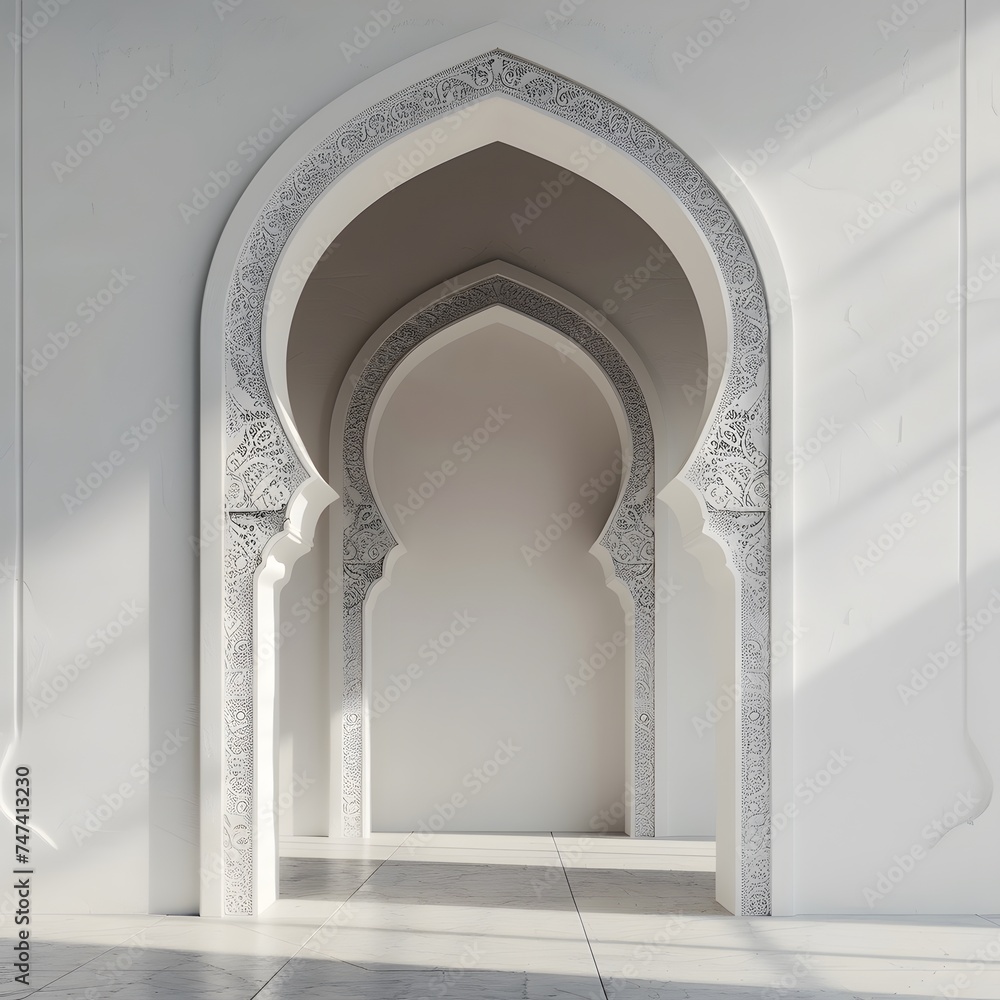 Single Mosque Architectural color arch isolated on background. with sunbeam and shades. copy space. Ramadan concept, template. mockup. 