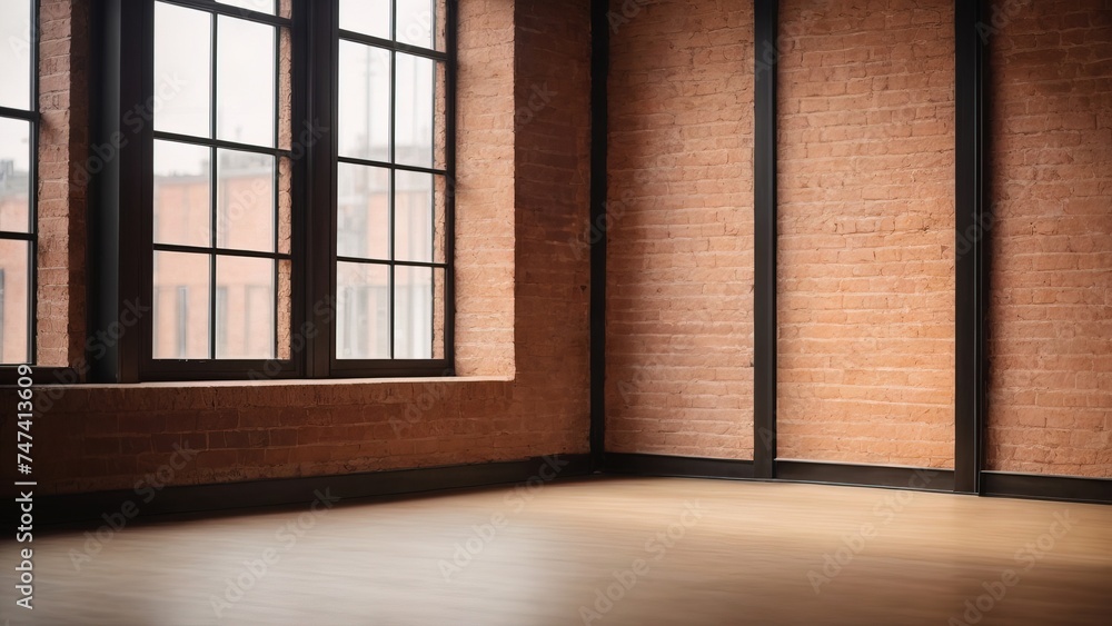 A loft-style room featuring a spacious window, with wooden flooring and brick wall A loft-style room featuring a spacious window, with wooden flooring and brick wall