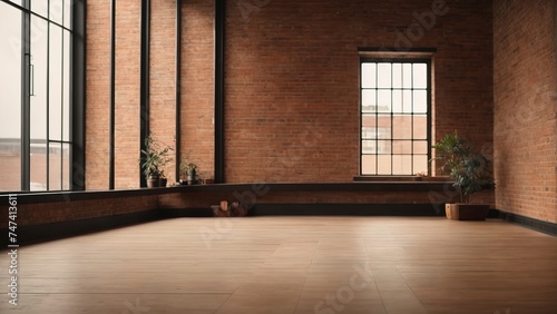 A loft-style room featuring a spacious window  with wooden flooring and brick wall 