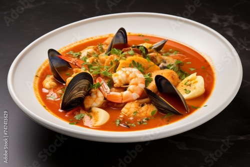 Juicy bouillabaisse on a ceramic tile against a white ceramic background