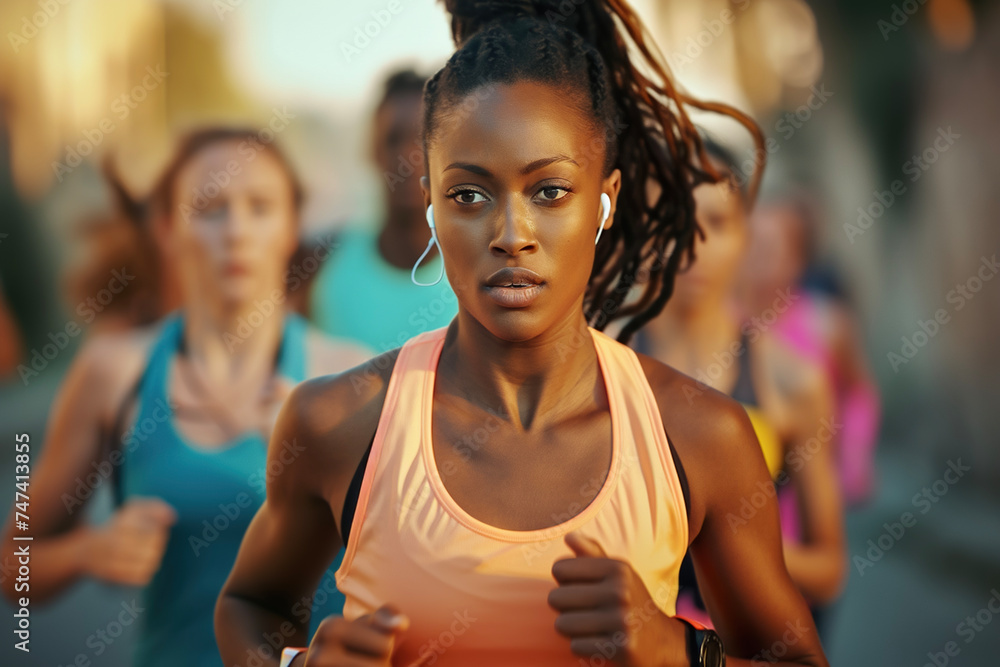 A group of multiethnic women jogging on a street with soft diffused light and blurred background, wearing colorful workout clothes and earbuds A group of multiethnic women jogging on a street with soft diffused light and blurred background, wearing colorful workout clothes and earbuds