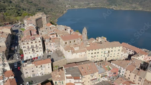 Aerial view of the church of Santa Maria della Cima. It is a Catholic church in Genzano di Roma, in the metropolitan city of Rome, Italy. In the background the lake of Nemi.  photo