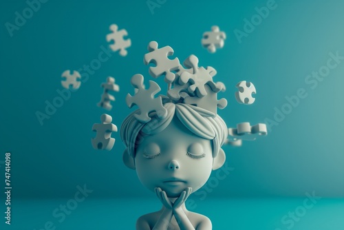 3D girl with autism, puzzles flying near her head, blue color background. Copy space. Concept mental health. Neurodiversity. 