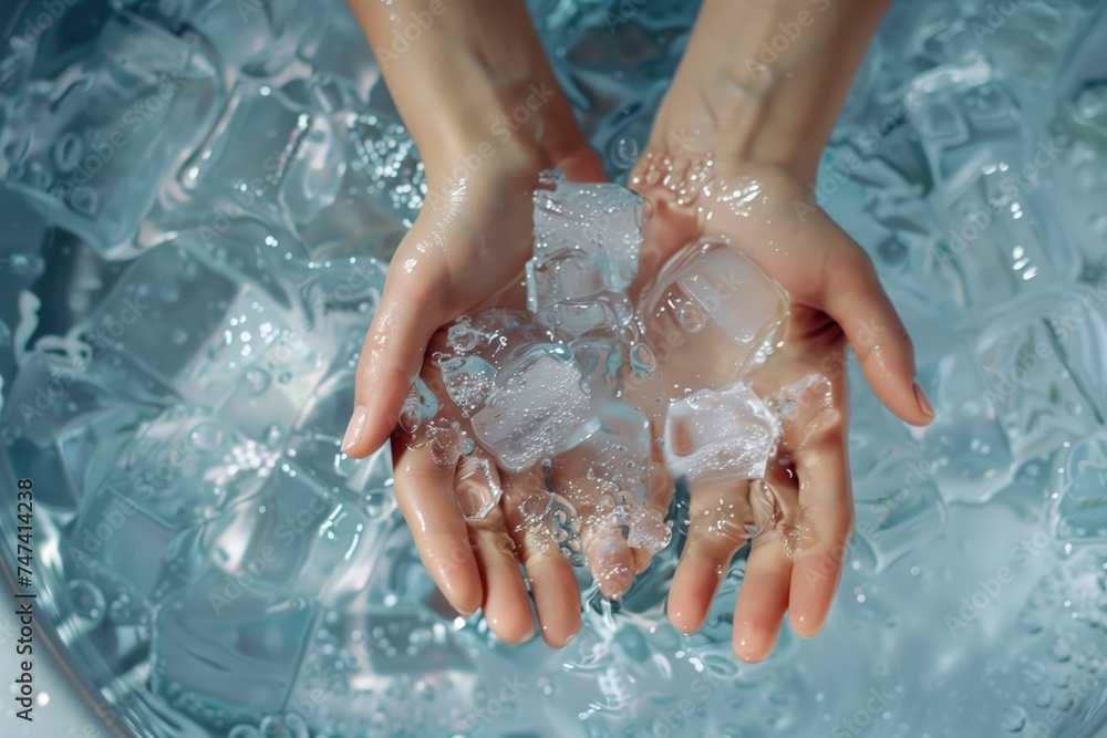 A woman's hands cool in a sink with water and ice, light color background. Cold water therapy benefits for health concept. - obrazy, fototapety, plakaty 