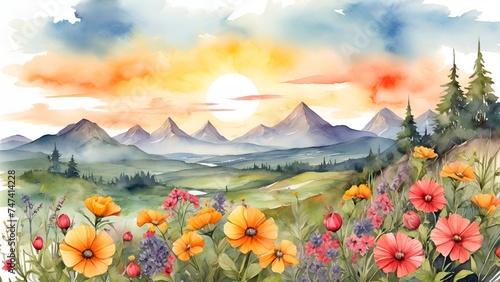 Digital painting field of flowers with mountains and sun in the background, Painting of a field of flowers with mountains in the background, printable artwork, AI generated