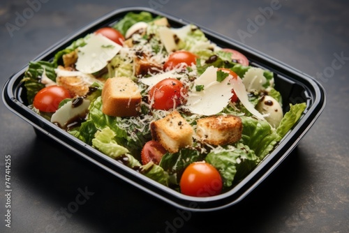 Delicious caesar salad in a bento box against a grey concrete background