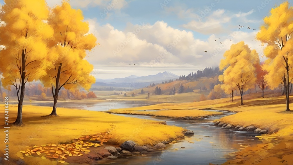 Digital illustration of autumn landscape with yellow leaves tree and river in the middle, A river in the forest in the fall season, AI generated