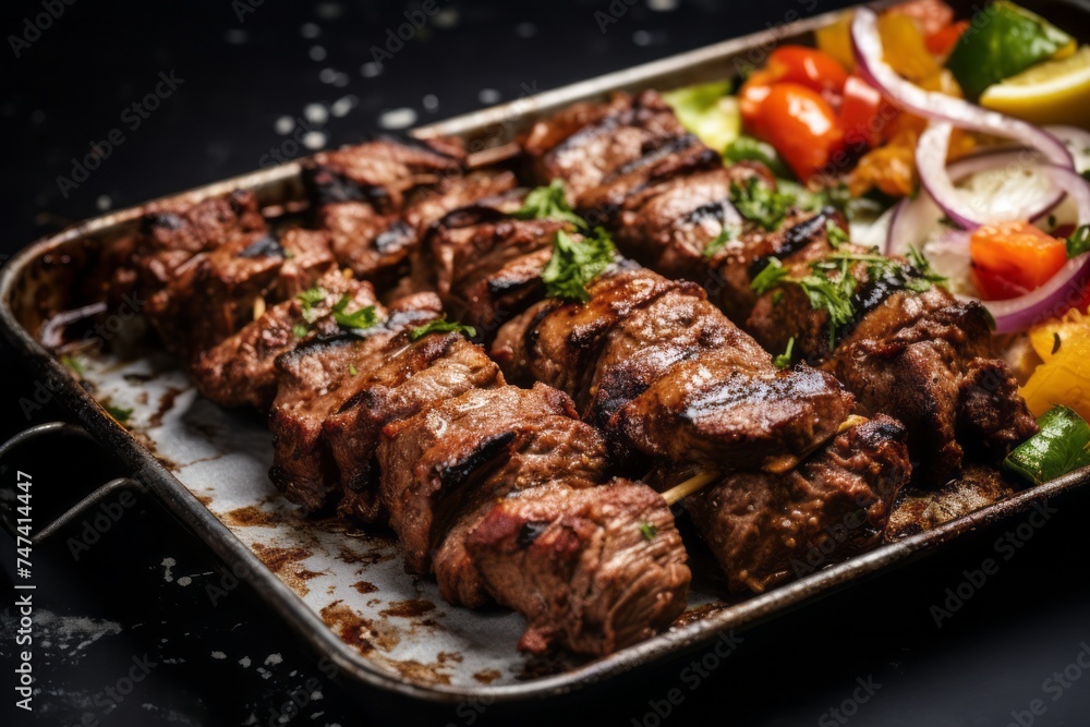 Tasty kebab on a metal tray against a grey concrete background