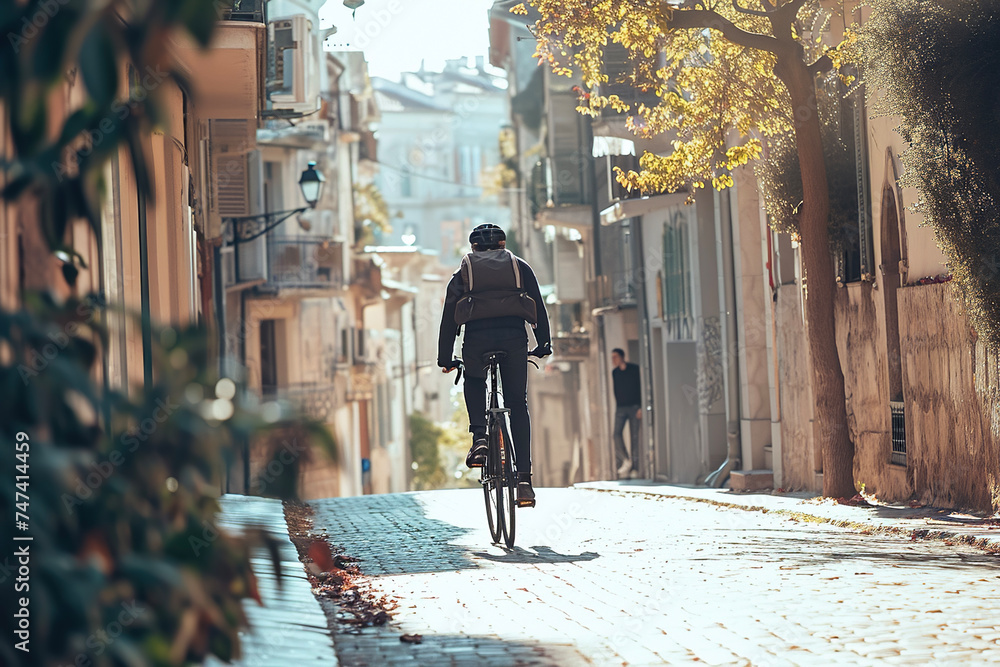 A man riding a bike down a street on a sunny day
